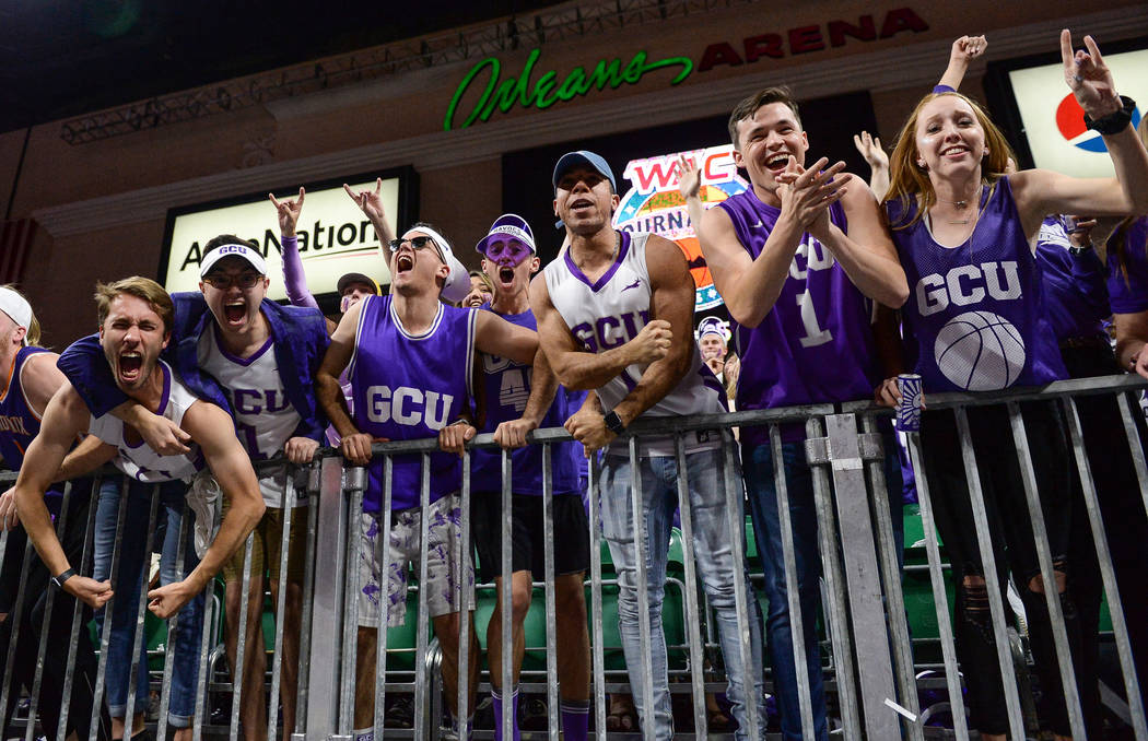 Fans in the Grand Canyon University student section cheer on their team in the second half of the opening round of the Western Athletic Conference tournament against Seattle University in Las Vega ...