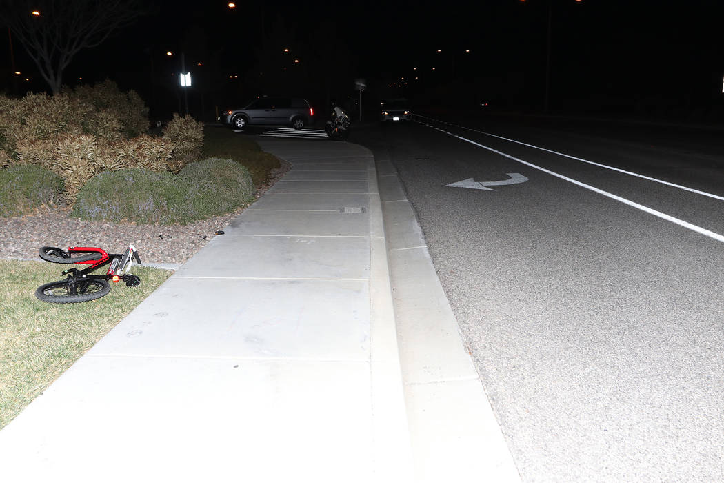 Police investigate a hit-and-run accident involving an 8-year-old boy Sunday, March 3, 2019, near The Vistas Park in Las Vegas. (Las Vegas Metropolitan Police Department)