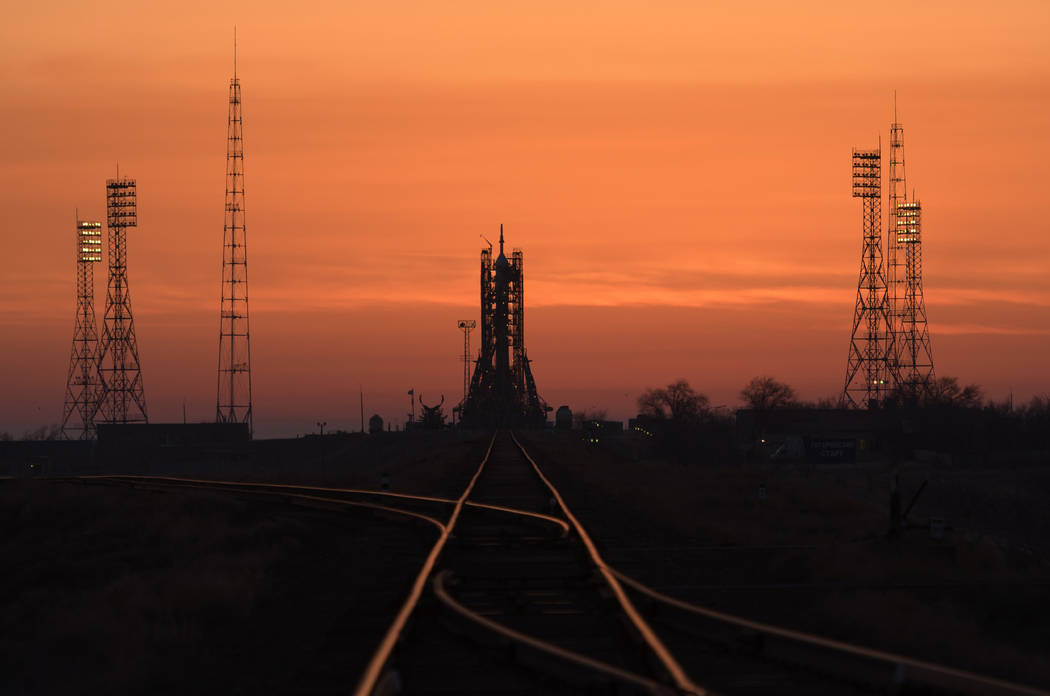 The Soyuz rocket is seen at dawn on launch site 1 of the Baikonur Cosmodrome, Thursday, March 14, 2019, in Baikonur, Kazakhstan. Expedition 59's astronauts Nick Hague and Christina Koch of NASA, a ...