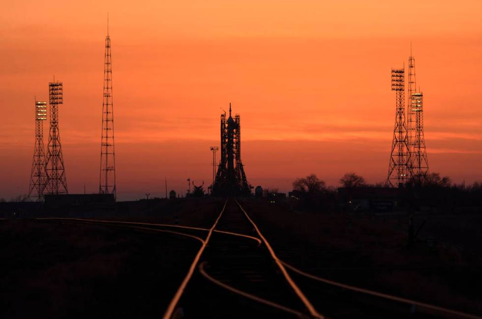 The Soyuz rocket is seen at dawn on launch site 1 of the Baikonur Cosmodrome, Thursday, March 14, 2019, in Baikonur, Kazakhstan. Expedition 59's astronauts Nick Hague and Christina Koch of NASA, a ...