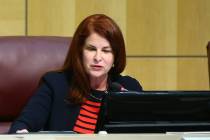 Henderson Mayor Debra March, right, talks during a Feb. 20 meeting. (Chase Stevens Las Vegas Review-Journal)