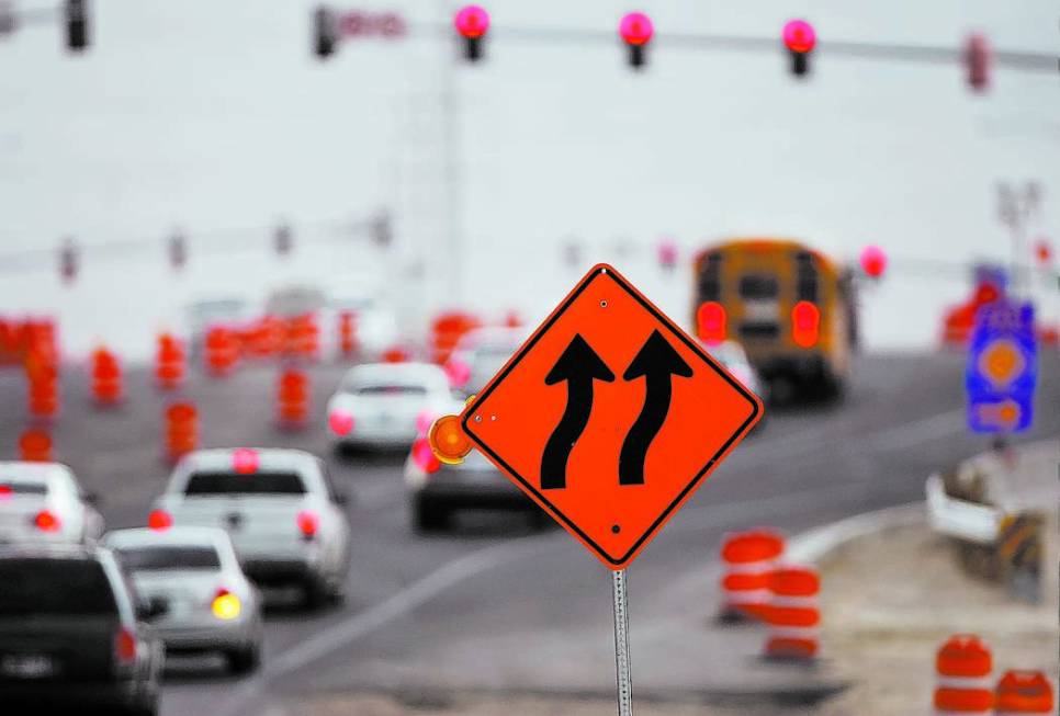 Motorists work their way through traffic barrels on Decatur Boulevard over the northern Las Vegas Beltway Friday, Sept. 6, 2013. (K.M. Cannon/Las Vegas Review-Journal)