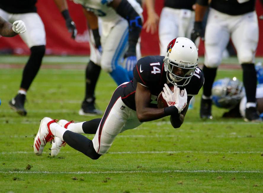 Former Arizona Cardinals wide receiver J.J. Nelson (14) makes a catch against the Detroit Lions during the first half of NFL football game, Sunday, Dec. 9, 2018, in Glendale, Ariz. (AP Photo/Rick ...