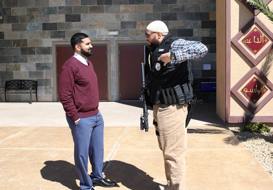 Athar Haseebullah, left, mosque chairman, and Jamal Ali, a volunteer security guard, chat outside the Masjid Ibrahim on Friday, March 15, 2019, in Las Vegas. Bizuayehu Tesfaye Las Vegas ...