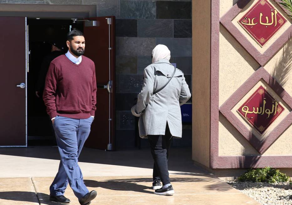 Athar Haseebullah, left, mosque chairman, walks past a worshipper outside the Masjid Ibrahim on Friday, March 15, 2019, in Las Vegas. Bizuayehu Tesfaye Las Vegas Review-Journal @bizutesfaye