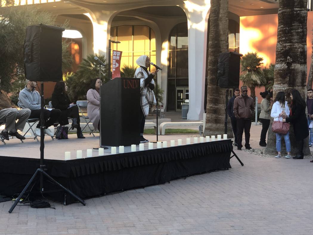 Tenasri Mohammed, the president of UNLV's Muslim Student Association, addresses a crowd at a vigil on Friday, March 15, 2019. (Katelyn Newberg/ Las Vegas Review-Journal)