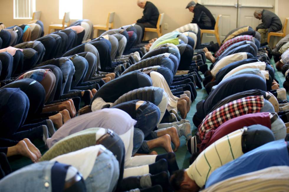 Worshipers during a prayer service at the Mosque of Islamic Society of Nevada in Las Vegas Friday, March 15, 2019. (K.M. Cannon/Las Vegas Review-Journal) @KMCannonPhoto