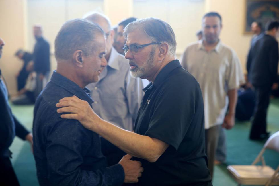 Fareed M. Khan, left, and Dr. Sohail Anjum after a prayer service at the Mosque of Islamic Society of Nevada in Las Vegas Friday, March 15, 2019. (K.M. Cannon/Las Vegas Review-Journal) @KMCannonPhoto