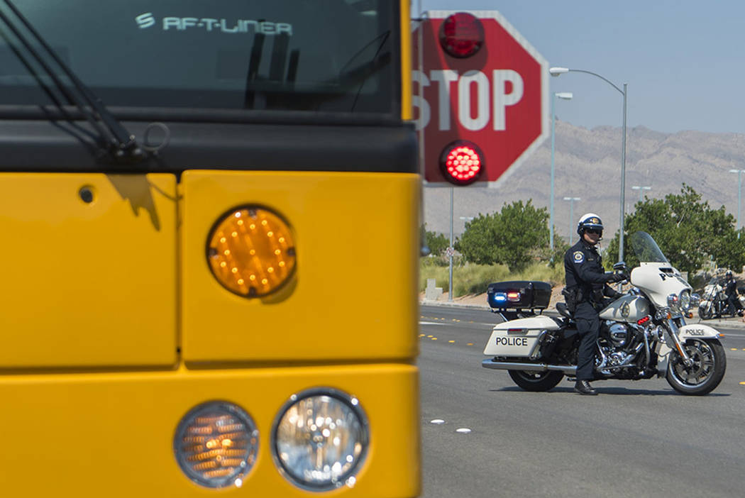 Clark County School District Police Department holds a mock traffic stop at Centennial High School in Las Vegas, Monday, Aug. 6, 2018. (Las Vegas Review-Journal)