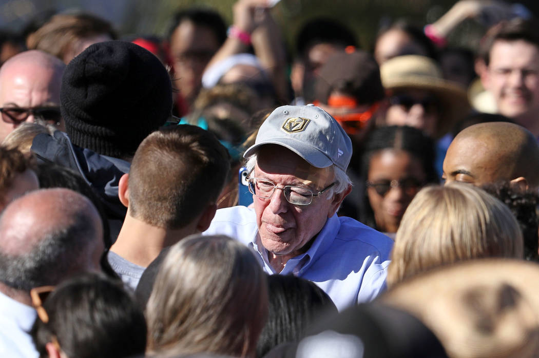 Democratic presidential candidate Sen. Bernie Sanders meets with his supporters at a rally at Morrell Park in Henderson on a tour to launch his presidential campaign, Saturday, March 16, 2019. (He ...