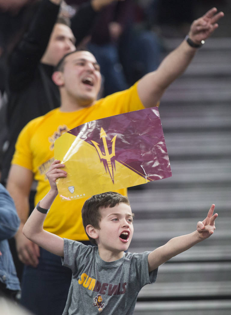 Arizona State fans cheer for the Sun Devils in the second half during their semifinal game of the Pac-12 tournament with Oregon on Friday, March 15, 2019, at T-Mobile Arena, in Las Vegas. The Duck ...
