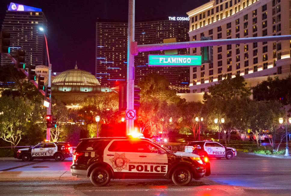 Las Vegas police respond to an officer-involved shooting in front of Bellagio on Friday, March 15, 2019, in Las Vegas. (Benjamin Hager Review-Journal) @BenjaminHphoto