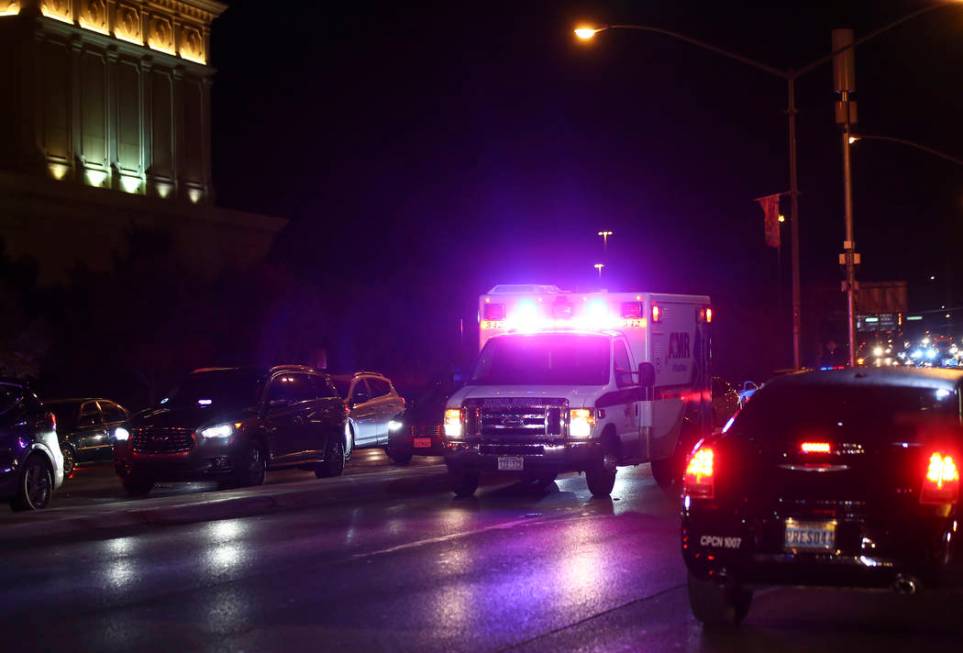 An ambulance heads to the Bellagio after police fired at a robbery suspect in Las Vegas on Friday, March 15, 2019. (Chase Stevens/Las Vegas Review-Journal) @csstevensphoto