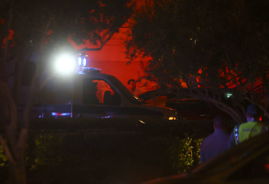 Las Vegas police officers investigate outside of the north valet at the Bellagio after police fired at a robbery suspect in Las Vegas on Friday, March 15, 2019. (Chase Stevens/Las Vegas Review-Jou ...