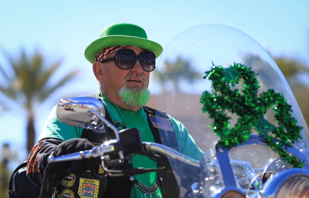 Dennis Spelingagri rides his motorcycle in the 53rd Annual Southern Nevada Sons & Daughters of Erin St. Patrick's Day parade in Henderson, Nev., on Saturday, March 16, 2019. Brett Le Blanc/Las ...