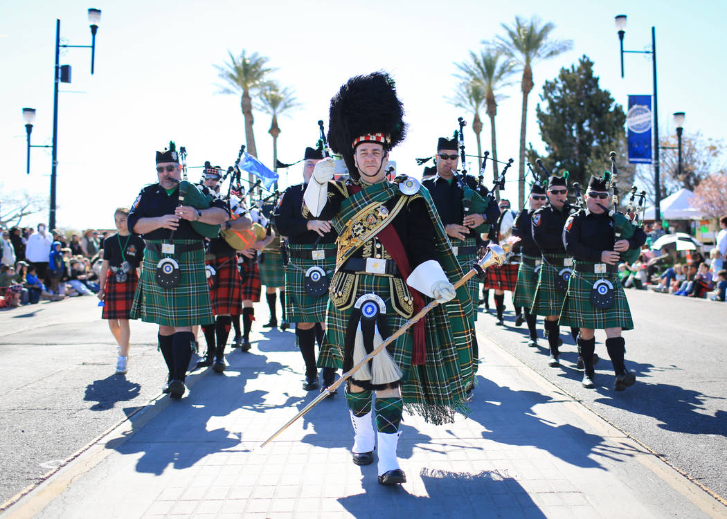 The Las Vegas Emerald Society marches in the 53rd Annual Southern Nevada Sons & Daughters of Erin St. Patrick's Day parade in Henderson, Nev., on Saturday, March 16, 2019. The Emerald society ...