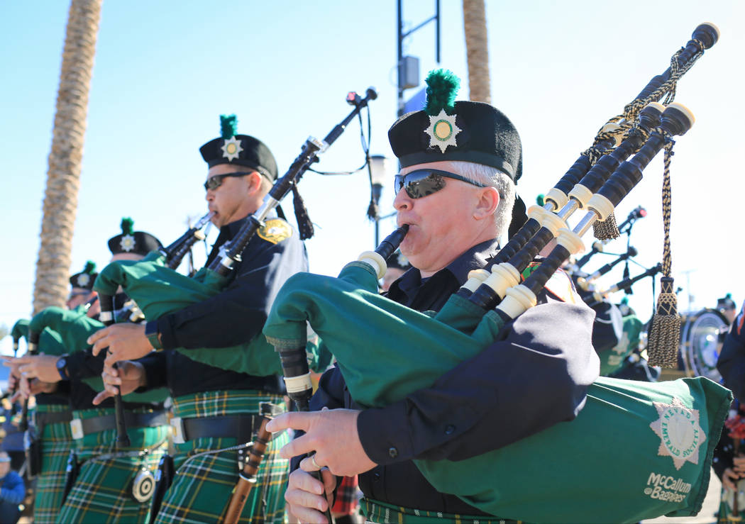 Bagpipers with the Las Vegas Emerald Society march in the 53rd Annual Southern Nevada Sons & Daughters of Erin St. Patrick's Day parade in Henderson, Nev., on Saturday, March 16, 2019. The Eme ...