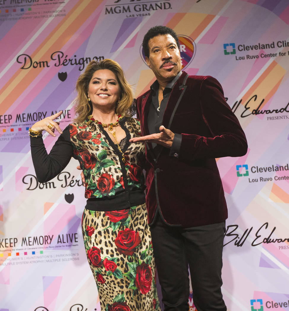 Shania Twain, left, and Lionel Richie pose on the red carpet for Keep Memory Alive's 23rd annual Power of Love gala, raising money for Cleveland Clinic Lou Ruvo Center for Brain Health's programs ...