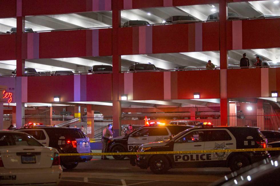 Las Vegas police investigate outside the El Cortez in downtown Las Vegas after a shooting at the hotel and casino, Sunday, March 17, 2019. (Rachel Aston/Las Vegas Review-Journal) @rookie__rae