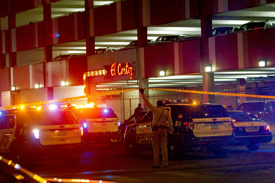 Las Vegas police investigate outside the El Cortez in downtown Las Vegas after a shooting at the hotel and casino, Sunday, March 17, 2019. (Rachel Aston/Las Vegas Review-Journal) @rookie__rae