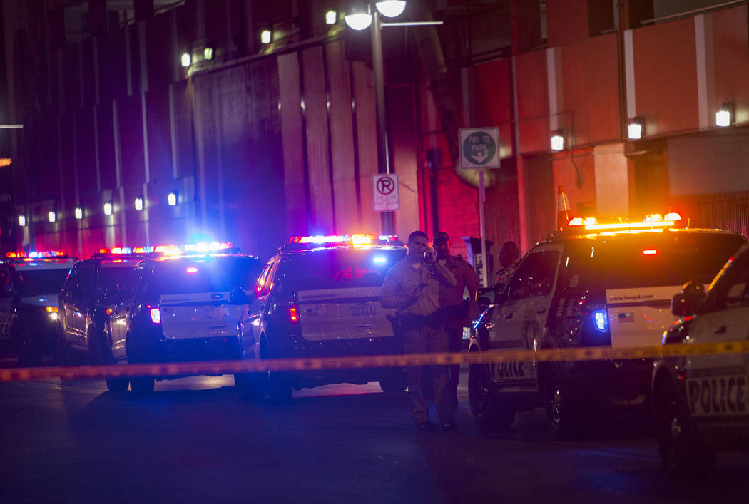 Las Vegas police investigate outside the El Cortez in downtown Las Vegas after a shooting at the hotel and casino, Sunday, March 17, 2019. (Rachel Aston/Las Vegas Review-Journal) @rookie__rae