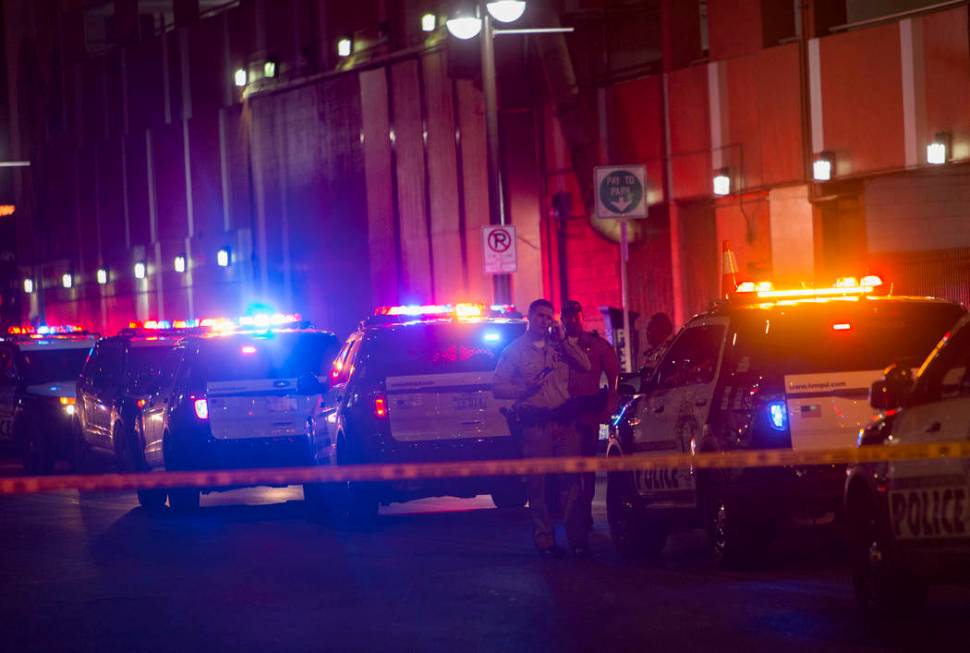 Las Vegas police investigate outside the El Cortez in downtown Las Vegas after a shooting at the hotel and casino, Sunday, March 17, 2019. (Rachel Aston/Las Vegas Review-Journal) @rookie__rae