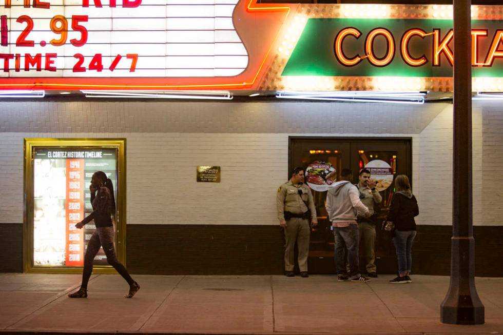 Las Vegas police investigate outside the El Cortez in downtown Las Vegas after a shooting at the hotel and casino, Sunday, March 17, 2019. (Rachel Aston/Las Vegas Review-Journal) @rookie__rae