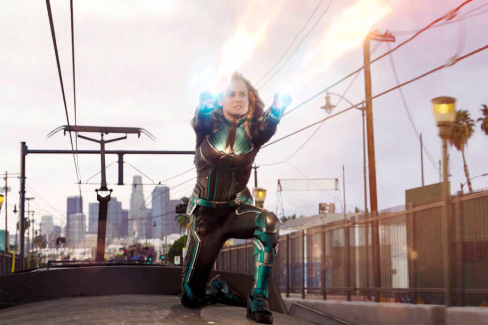 This image released by Disney-Marvel Studios shows Brie Larson in a scene from "Captain Marvel." (Disney-Marvel Studios via AP)