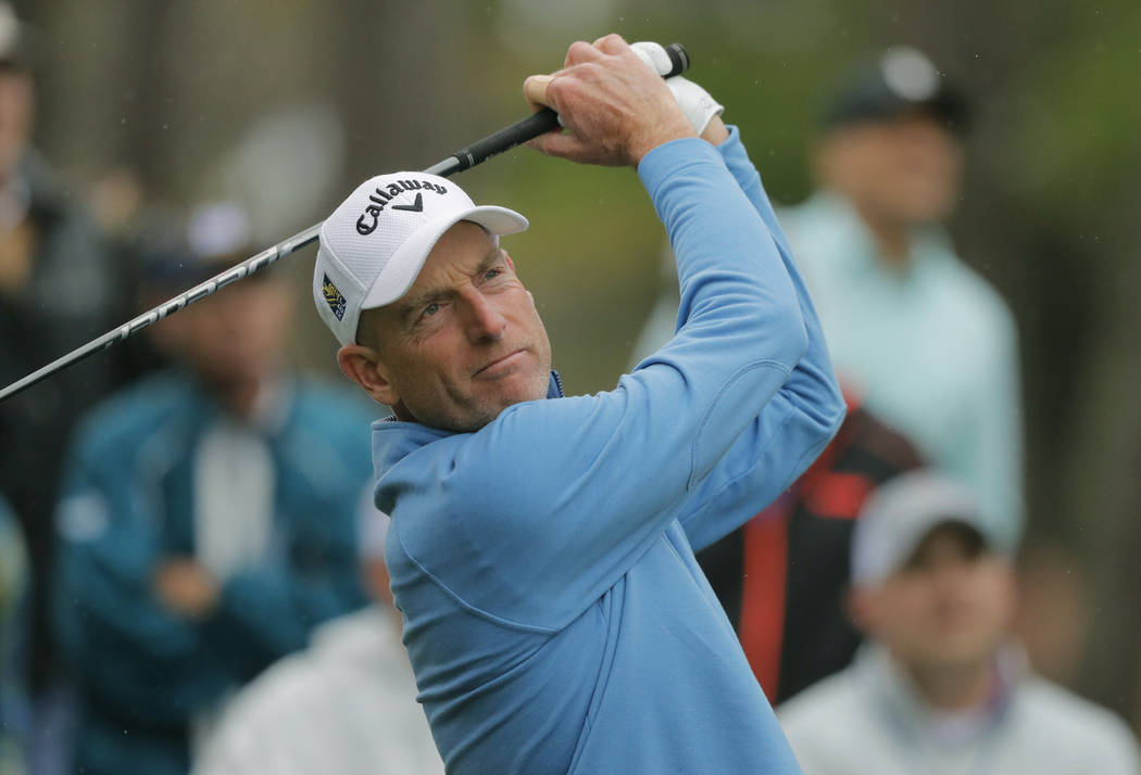 Jim Furyk tees off on the sixth during the final round of The Players Championship golf tournament Sunday, March 17, 2019, in Ponte Vedra Beach, Fla. (AP Photo/Gerald Herbert)