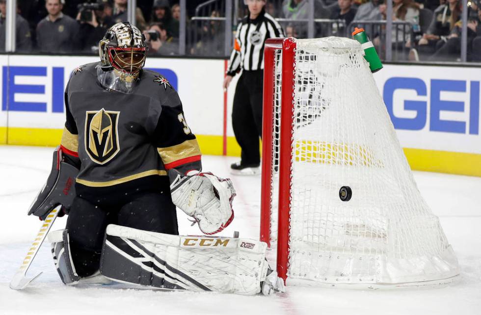 Vegas Golden Knights goalie Malcolm Subban watches as a shot goes wide during the first period of an NHL hockey game against the Edmonton Oilers Sunday, March 17, 2019, in Las Vegas. The Golden Kn ...