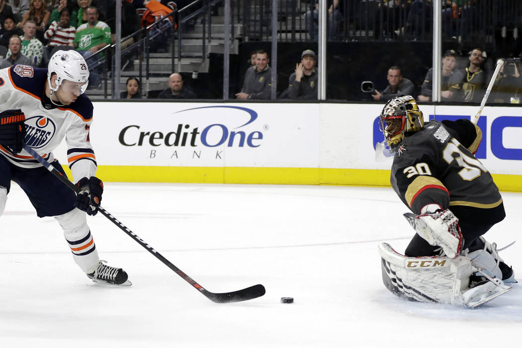 Edmonton Oilers left wing Leon Draisaitl (29) shoots against Vegas Golden Knights goalie Malcolm Subban during the first period of an NHL hockey game Sunday, March 17, 2019, in Las Vegas. (AP Phot ...