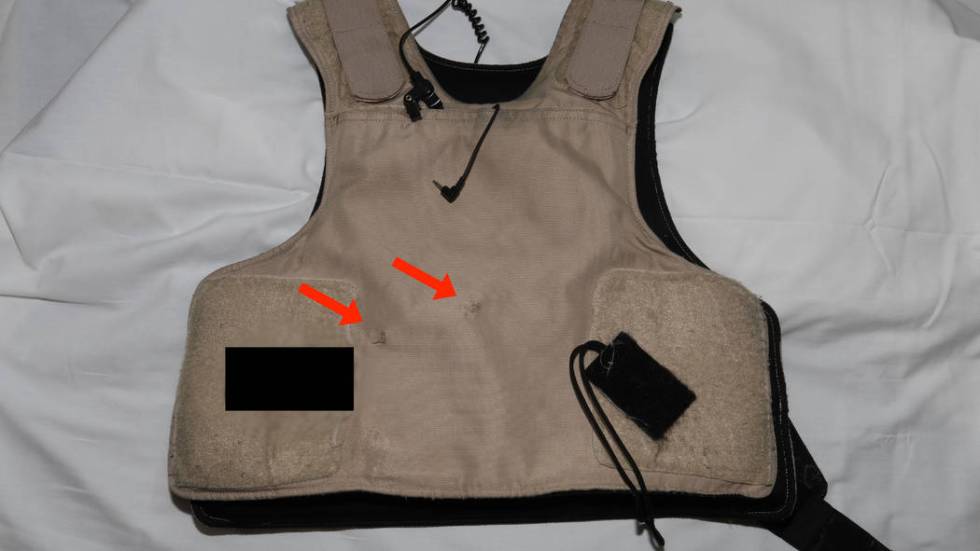 This photo released by the Las Vegas Metropolitan Police Department shows the bullet proof vest worn by a Las Vegas police officer who was shot following an armed robbery at the Bellagio on March ...