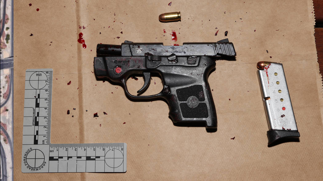 This photo released by the Las Vegas Metropolitan Police Department shows the weapon used by Michael Cohen during an armed robbery at the Bellagio on March 15, 2019. Cohen was shot to death by pol ...