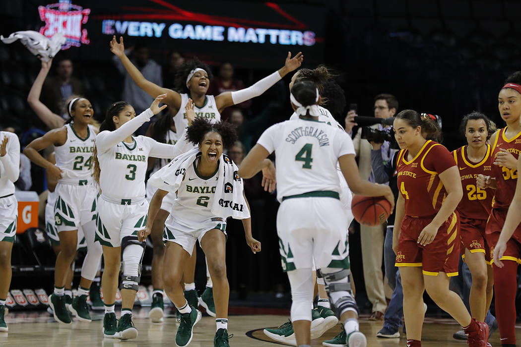 Baylor celebrates after defeating Iowa State during the Big 12 women's conference tournament championship in Oklahoma City, Monday, March 11, 2019. Baylor won 67-49. (AP Photo/Alonzo Adams)