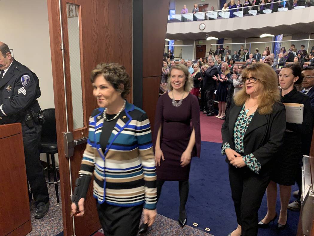 Nevada Sen. Jacky Rosen leaves the State Assembly chambers Monday after delivering an address to a joint session of the state Legislature. March 18, 2019. (Bill Dentzer/Las Vegas Review-Journal)