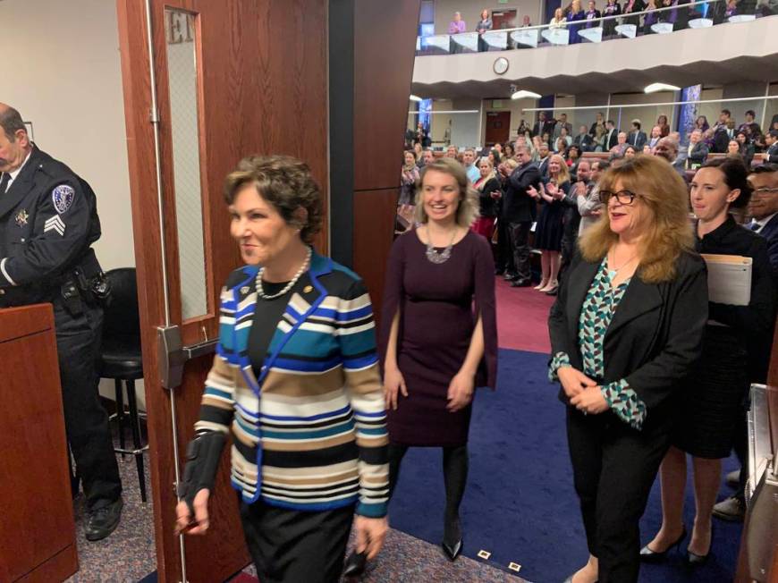 Nevada Sen. Jacky Rosen leaves the State Assembly chambers Monday after delivering an address to a joint session of the state Legislature. March 18, 2019. (Bill Dentzer/Las Vegas Review-Journal)