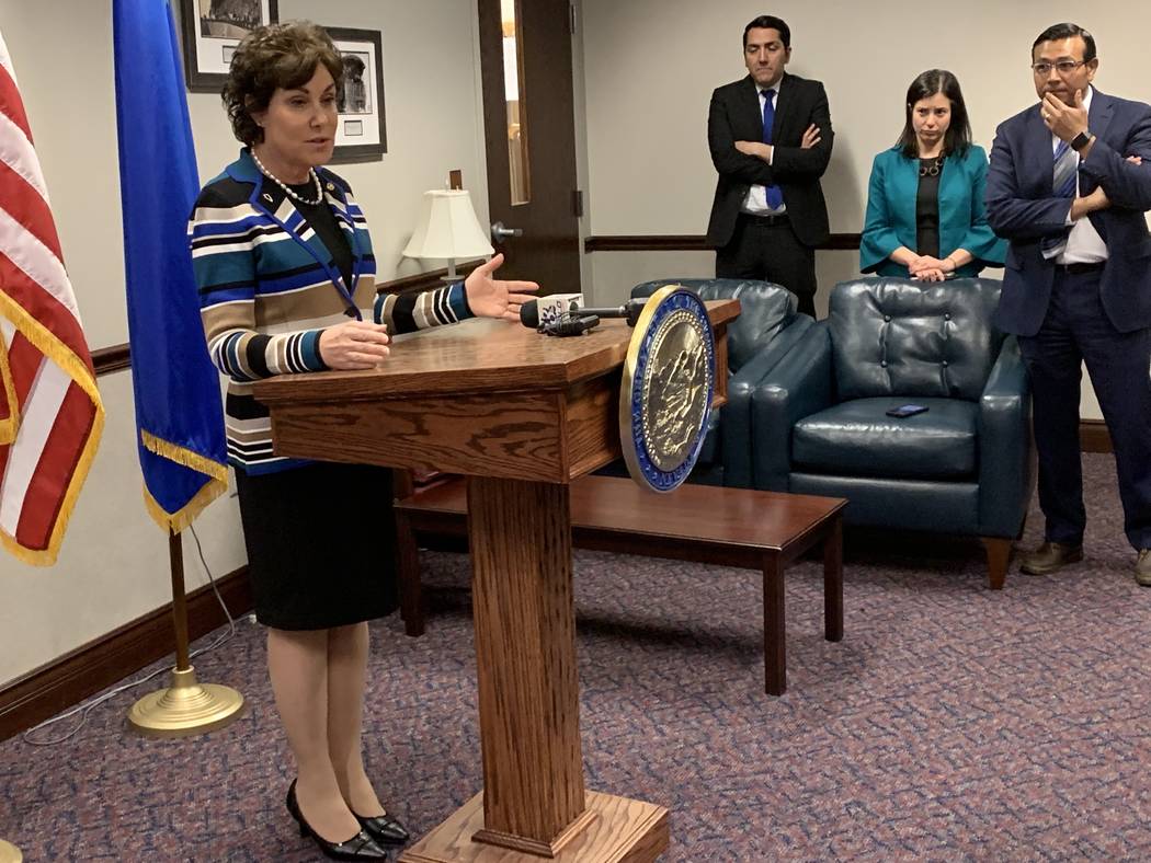 Sen. Jacky Rosen taking questions from reporters Monday after addressing a joint session of the Nevada Legislature. March 18, 2019. (Bill Dentzer/Las Vegas Review-Journal)(no description)