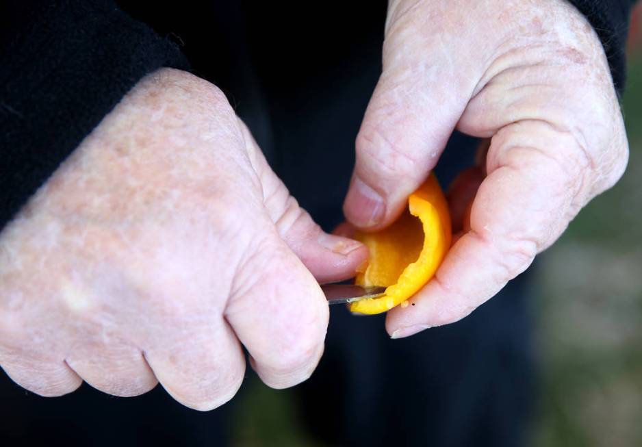 Ken Hook of Corona, California, prepares peppers in his booth at the Nevada State Chili Cook-off at Petrack Park in Pahrump Sunday, March 17, 2019. (K.M. Cannon/Las Vegas Review-Journal) @KMCannon ...