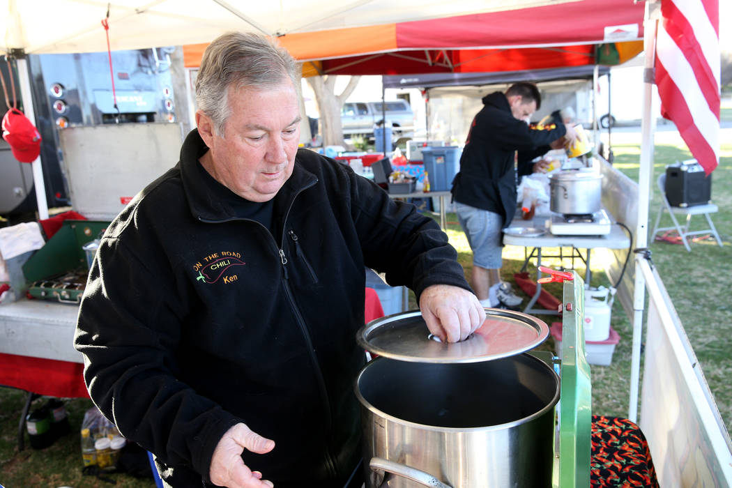 Ken Hook, of Corona, California, prepares his People's Choice chili in his booth at the Nevada State Chili Cook-off at Petrack Park in Pahrump Sunday, March 17, 2019. (K.M. Cannon/Las Vegas Review ...