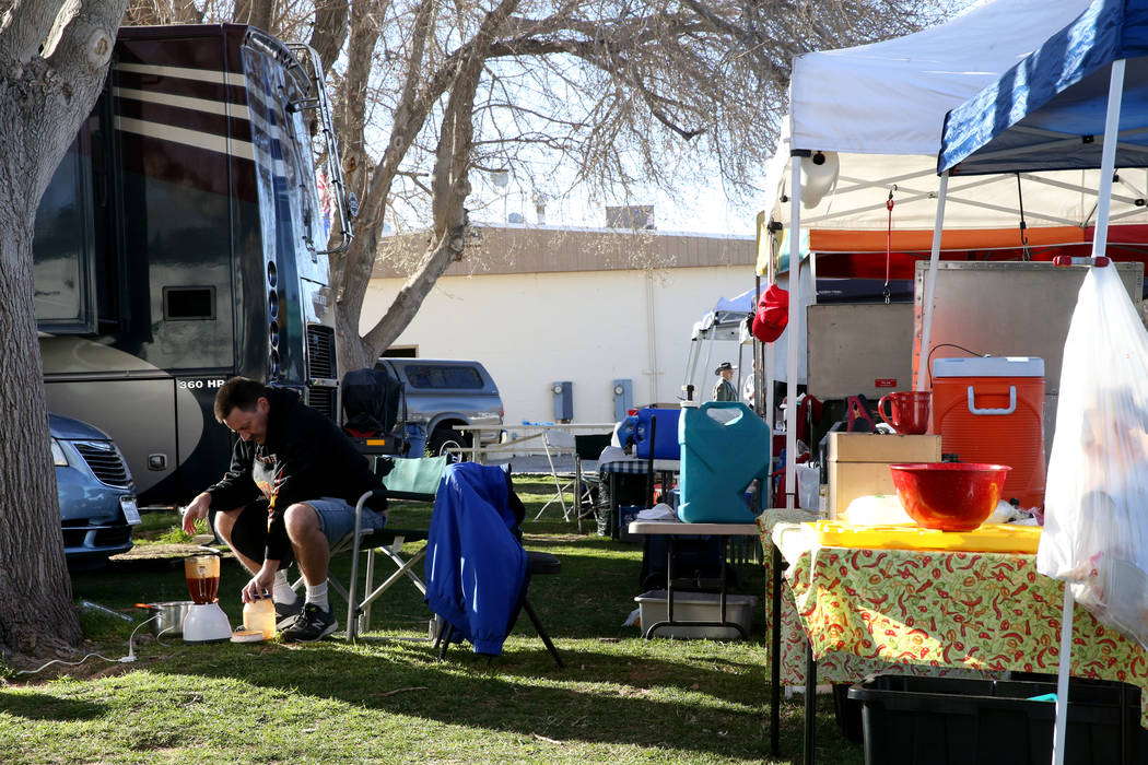 Tony Austin of San Bernardino, California, blends his chili ingredients in his booth at the Nevada State Chili Cook-off at Petrack Park in Pahrump Sunday, March 17, 2019. (K.M. Cannon/Las Vegas Re ...