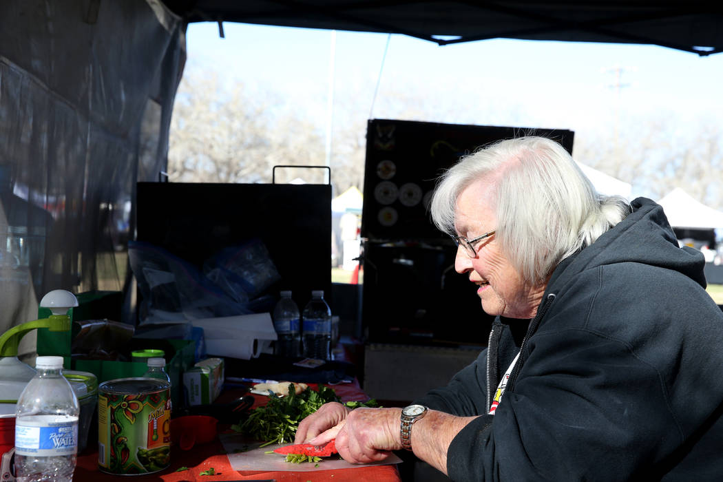 Darlene Taylor of Menifee, California, prepares her chili ingredients in her booth during the Nevada State Chili Cook-off at Petrack Park in Pahrump Sunday, March 17, 2019. (K.M. Cannon/Las Vegas ...