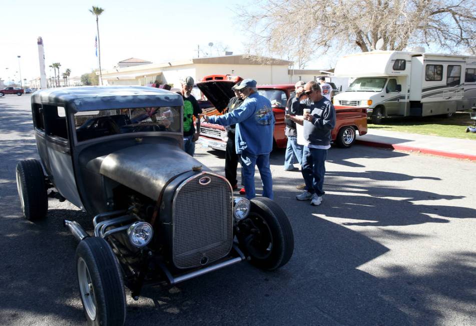 Participants watch a 1929 Ford pull into the car show area during Nevada State Chili Cook-off at Petrack Park in Pahrump Sunday, March 17, 2019. (K.M. Cannon/Las Vegas Review-Journal) @KMCannonPhoto