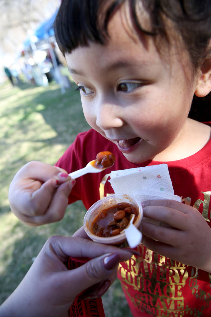 Alaiyah Brooks, 6, of Pahrump samples some People's Choice chili during the Nevada State Chili Cook-off at Petrack Park in Pahrump Sunday, March 17, 2019. (K.M. Cannon/Las Vegas Review-Journal) @K ...