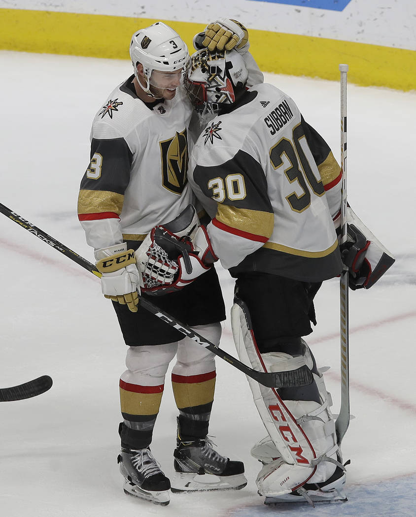 Vegas Golden Knights defenseman Brayden McNabb, left, celebrates with goaltender Malcolm Subban (30) after the Golden Knights defeated the San Jose Sharks in an NHL hockey game in San Jose, Calif. ...