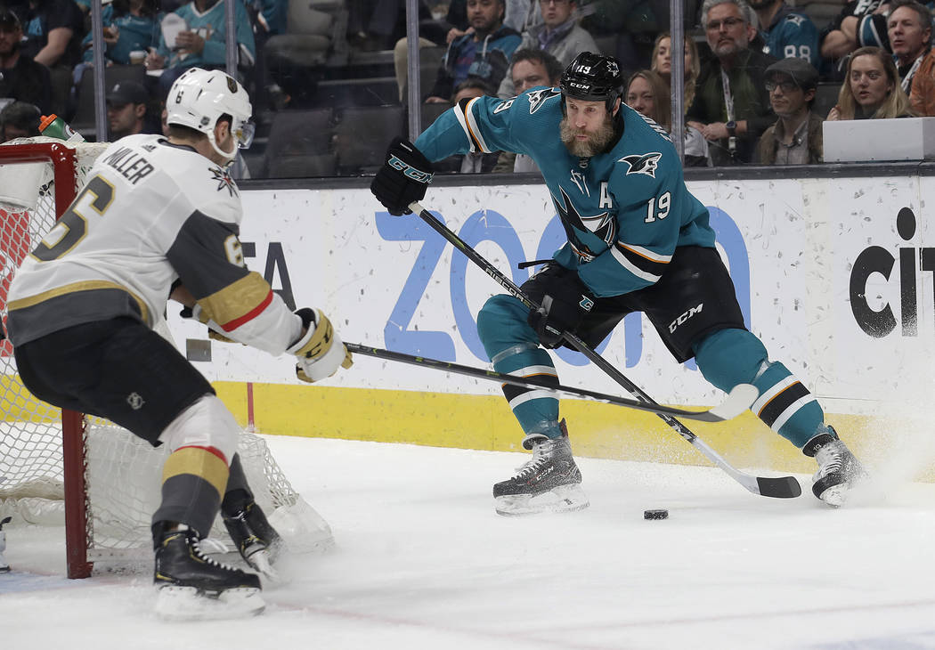 Vegas Golden Knights goaltender Malcolm Subban, left, defends a shot attempt by San Jose Sharks right wing Timo Meier, right, during the third period of an NHL hockey game in San Jose, Calif., Mon ...