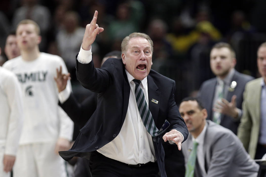 Michigan State head coach Tom Izzo reacts during the second half of an NCAA college basketball championship game against Michigan in the Big Ten Conference tournament, Sunday, March 17, 2019, in C ...