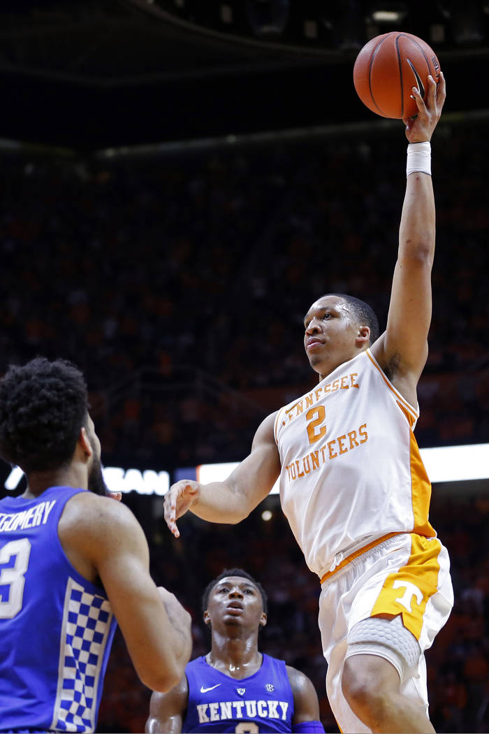 Tennessee forward Grant Williams (2) shoots during the first half of an NCAA college basketball game against Kentucky Saturday, March 2, 2019, in Knoxville, Tenn. (AP Photo/Wade Payne)