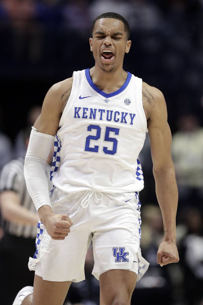 Kentucky forward PJ Washington celebrates after a score against Alabama in the first half of an NCAA college basketball game at the Southeastern Conference tournament Friday, March 15, 2019, in Na ...