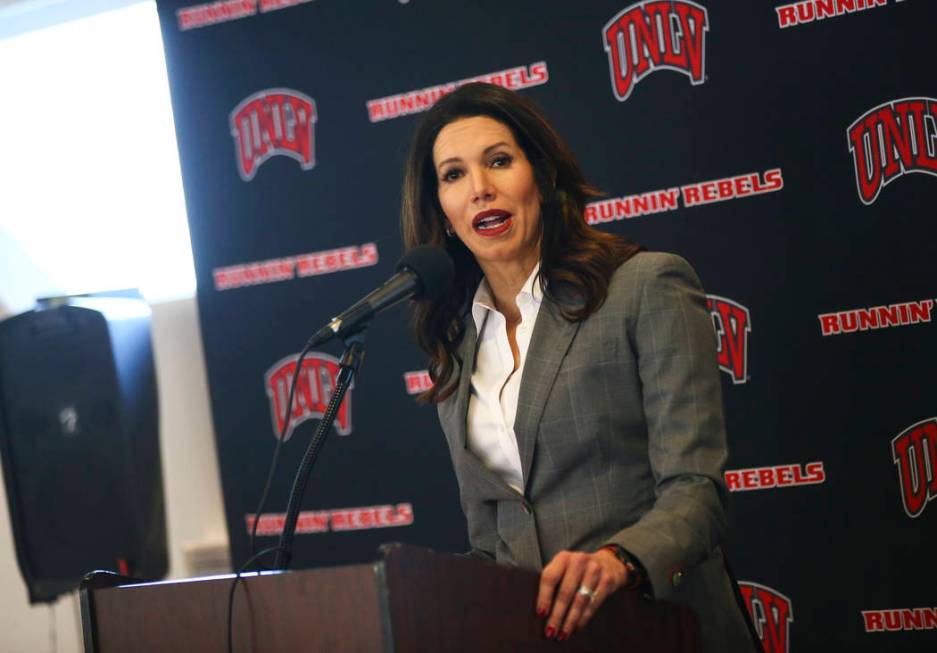 UNLV athletic director Desiree Reed-Francois talks about the search for a new basketball head coach in Las Vegas on Friday, March 15, 2019. Marvin Menzies, who led the program for three years, was ...