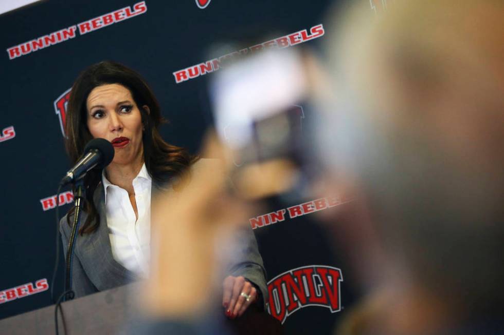 UNLV athletic director Desiree Reed-Francois talks about the search for a new basketball head coach in Las Vegas on Friday, March 15, 2019. Marvin Menzies, who led the program for three years, was ...